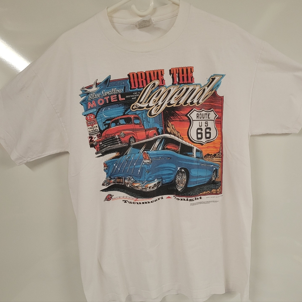 Vintage 1995 Classic Cars Motel Route 66 Retro graphic Jerzees White Tee Large